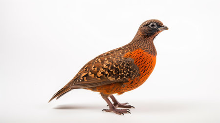 An elegant quail bird standing alone, highlighting its unique features and colors in striking contrast to the white background.の素材