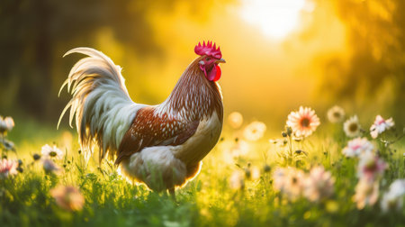 In a serene outdoor setting, a lively rooster stands tall on the grass, beautifully contrasting the soft, blurred natural scenery.の素材
