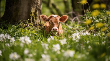 Captivating image of a dairy cow against a vibrant green grass backdrop, a perfect slice of rural tranquility.の素材
