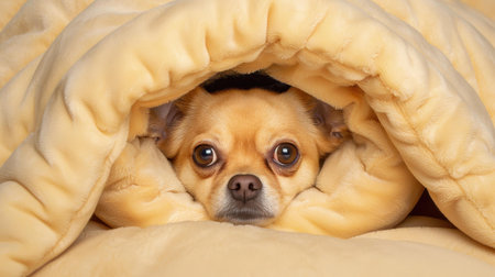 This adorable chihuahua enjoys a peaceful nap in its snug pet bed, surrounded by the warmth of its home.の素材