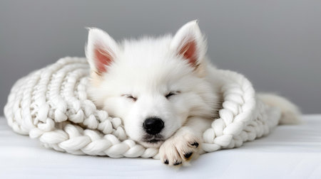 This adorable white puppy is curled up on a plush bed, enjoying a serene nap under a fluffy blanket at home.の素材