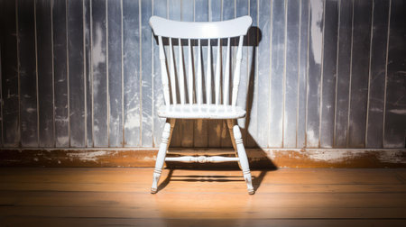 The lone white chair stands out against the dark background, creating a striking visual effect with its soft shadow and reflection below.の素材