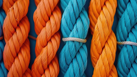 Check out this striking assembly of various colored ropes, showcasing their unique fibers and knots in a detailed closeup.の素材