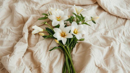 Experience the elegance of a serene bedroom featuring a fresh bouquet, ideal for romantic wedding bliss.の素材