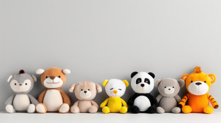 These delightful plush toys are perfectly lined up, adding a touch of whimsy and joy against the clean, white background.の素材
