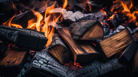 The crackling pile of burning wood creates warm hues, illuminating the surrounding space with flickering light and heat.の素材