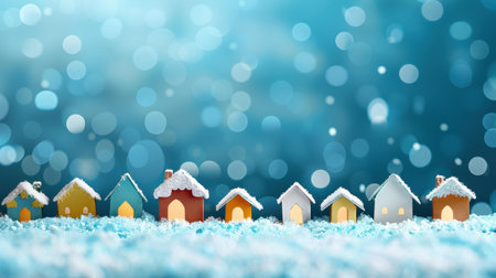Delightful scene of snowy toy houses and twinkling lights, capturing the essence of a Happy New Year and Merry Christmas.の素材