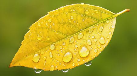 Capture the essence of fall with this small yellow leaf, glistening with droplets against a picturesque autumn backdrop.の素材