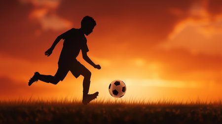 Experience the energy of the game with this silhouette of a soccer player in midkick, set against a stunning sunset horizon.の素材