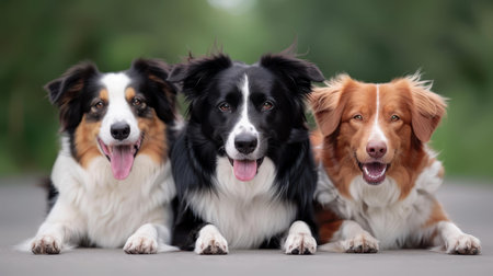 A trio of delighted dogs stands out in a sleek gray setting, capturing hearts with their happy expressions and playful energy.の素材
