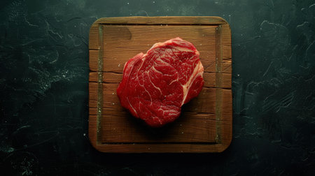 Fresh ribeye steak displayed on a wooden board, highlighting its rich color and texture, perfect for a hearty meal.の素材