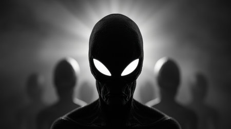 Intriguing alien shapes loom in the glow of bright lights, creating an eerie yet fascinating visual experience.の素材