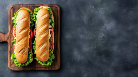 Savor the taste of hearty submarine sandwiches, crafted with layers of meats, veggies, and sauces, all on a fresh hoagie bun.の素材