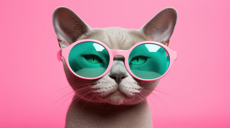 With a bold look, this Sphynx cat in sunglasses stands out as a charming and playful companion on a  background.の素材