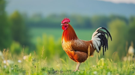 In a serene outdoor setting, a lively rooster stands tall on the grass, beautifully contrasting the soft, blurred natural scenery.の素材