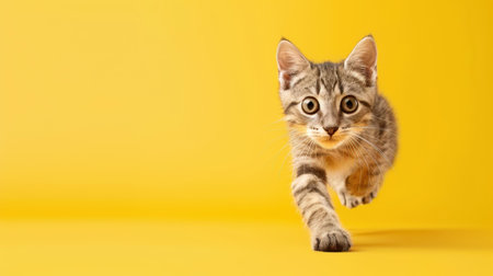 Watch this adorable kitten jump with glee in front of a bright yellow backdrop, capturing pure feline fun and charm.の素材