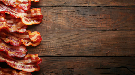 Indulge in the perfect crunch of fried bacon, perfectly arranged on a wooden surface, showcasing its delectable appeal.の素材