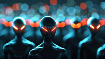 Intriguing alien shapes loom in the glow of bright lights, creating an eerie yet fascinating visual experience.の素材