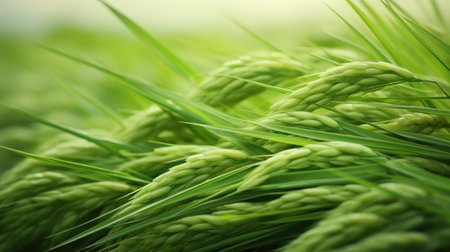 Morning tranquility with vibrant green leaves in a rice field, enveloped in warm light, perfect for nature lovers.の素材