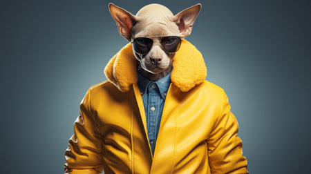 With a bold look, this Sphynx cat in sunglasses stands out as a charming and playful companion on a  background.の素材