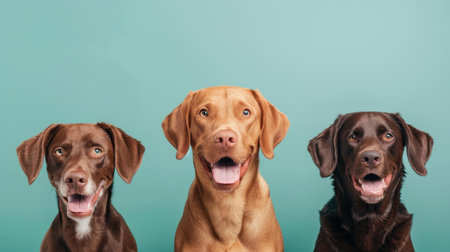 A trio of delighted dogs stands out in a sleek gray setting, capturing hearts with their happy expressions and playful energy.の素材