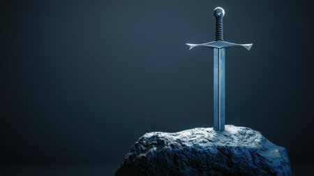 Discover the enchanting image of a sword firmly placed in a stone, symbolizing heroism and timeless myths.の素材