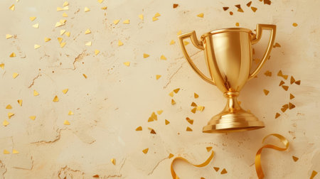 Capture the spirit of victory with a top view of a trophy surrounded by confetti, ideal for commemorating special momentsの素材