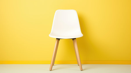 This stylish white velour chair on natural wooden legs creates a striking contrast with the cheerful yellow background, enhancing decor.の素材