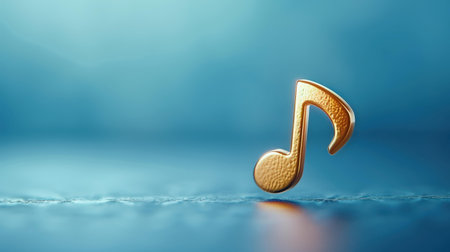The vibrant gold light of the music note shines brightly on a serene blue background, evoking feelings of creativity and peace.の素材