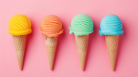 Indulge in refreshing ice cream scoops, styled with a chic pastel pink background, embodying the essence of summer bliss.の素材