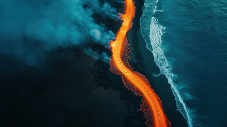 Witness the breathtaking intersection of fire and water as lava cascades into the sea, forming new landforms.の素材
