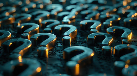 Dive into this dynamic 3D rendering of infinite question marks, a visual journey that challenges and intrigues the mind.の素材