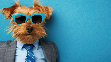 This chic pooch rocks a funky dress jacket and shades against a plain backdrop, exuding glam with every pose.の素材