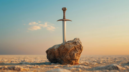 Discover the enchanting image of a sword firmly placed in a stone, symbolizing heroism and timeless myths.の素材