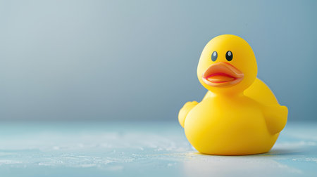 This adorable yellow duck brings joy to bath time, nestled in a softly blurred bathroom scene.の素材