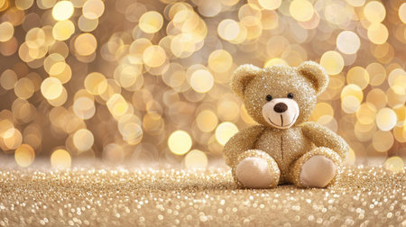 Soft and cuddly, this teddy bear sits proudly amidst a sparkling gold bokeh background, radiating happiness and charm.の素材