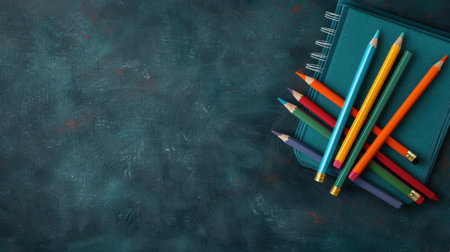 A chic arrangement of colorful school supplies rests on a chalkboard, ideal for inspiring students this backtoschool season.の素材