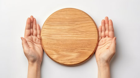 Round podium from above, featuring hands in a grasping position, designed on a bright white surface for clarity.の素材