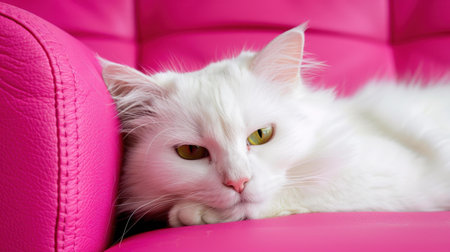 This adorable domestic kitty, with its fluffy coat, brings joy and warmth to any space as it lounges on the plush sofa.の素材