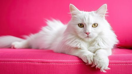 This adorable domestic kitty, with its fluffy coat, brings joy and warmth to any space as it lounges on the plush sofa.の素材