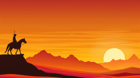 The majestic outline of a horse rider at dusk, symbolizing strength and freedom, set in a breathtaking sunset landscape.の素材