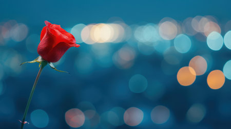 Captivating red rose surrounded by beautiful bokeh lights, set against a deep background, perfect for heartfelt messages.の素材