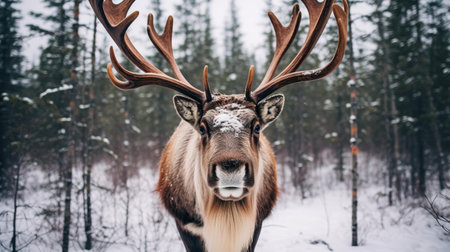 This stunning reindeer portrait captures the grandeur of its massive antlers against a serene snowy backdrop.の素材