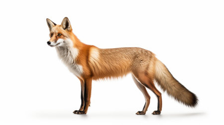 The red fox, agile and clever, is portrayed in a pure white setting, highlighting its unique features and natural grace in the wild.の素材