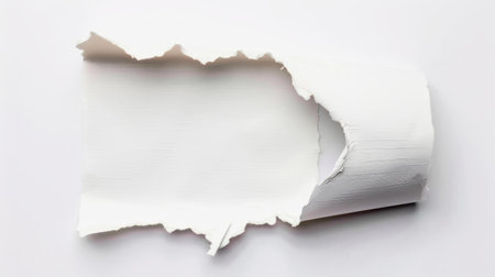 Captivating image of ripped paper with a dramatic hole, emphasizing the complexities of texture and light on white.の素材