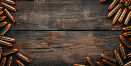 Discover the story behind spent bullet cartridges strewn across an old wooden floor, hinting at past encounters.の素材