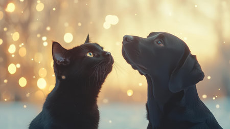 In a tender moment, a sleek black cat and a friendly black dog pose together, creating a charming scene with a hazy backdrop.の素材