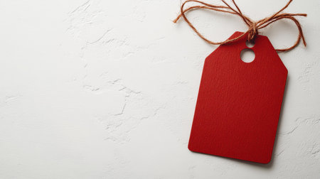 Eyecatching red sale tag with twine, set against a crisp white background, great for enhancing promotional efforts.の素材