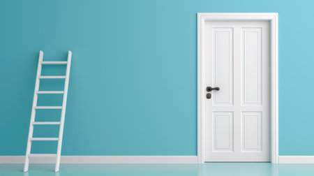 The scene features a rustic ladder propped by an open doorway, leading to a vibrant blue sky, suggesting endless possibilities.の素材