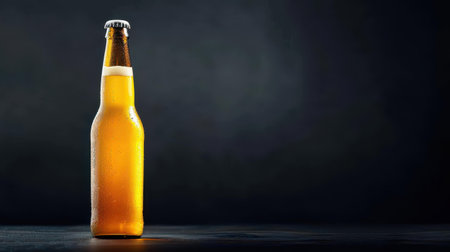 Elevate your designs with this customizable beer bottle mockup, featuring a full lager bottle set against a striking dark background.の素材